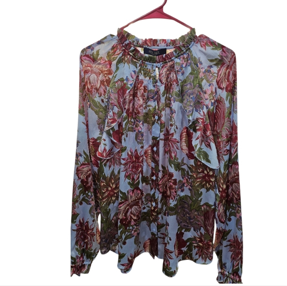 Rachel Roy Blue Multicoloerd Floral Ruffle Button Down Blouse Size L NWOT